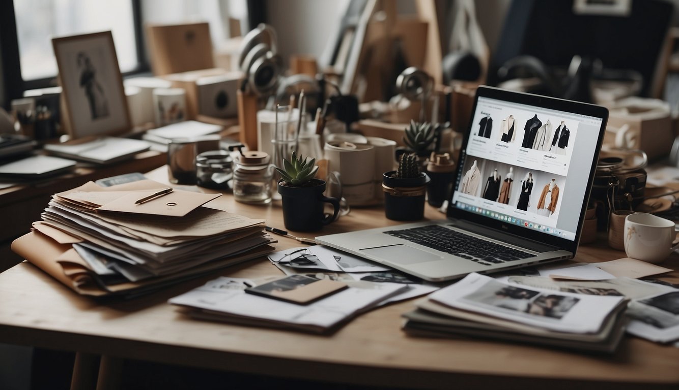 Scene: A cluttered desk with fashion sketches, fabric swatches, and a laptop showing Demna Gvasalia's designs. A minimalist mood board hangs on the wall