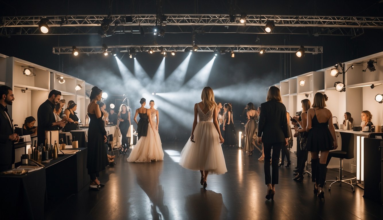 A bustling backstage with models, stylists, and designers preparing for a fashion show. Lights, cameras, and a runway set the stage for the evolution of fashion shows from intimate salons to grand global stages