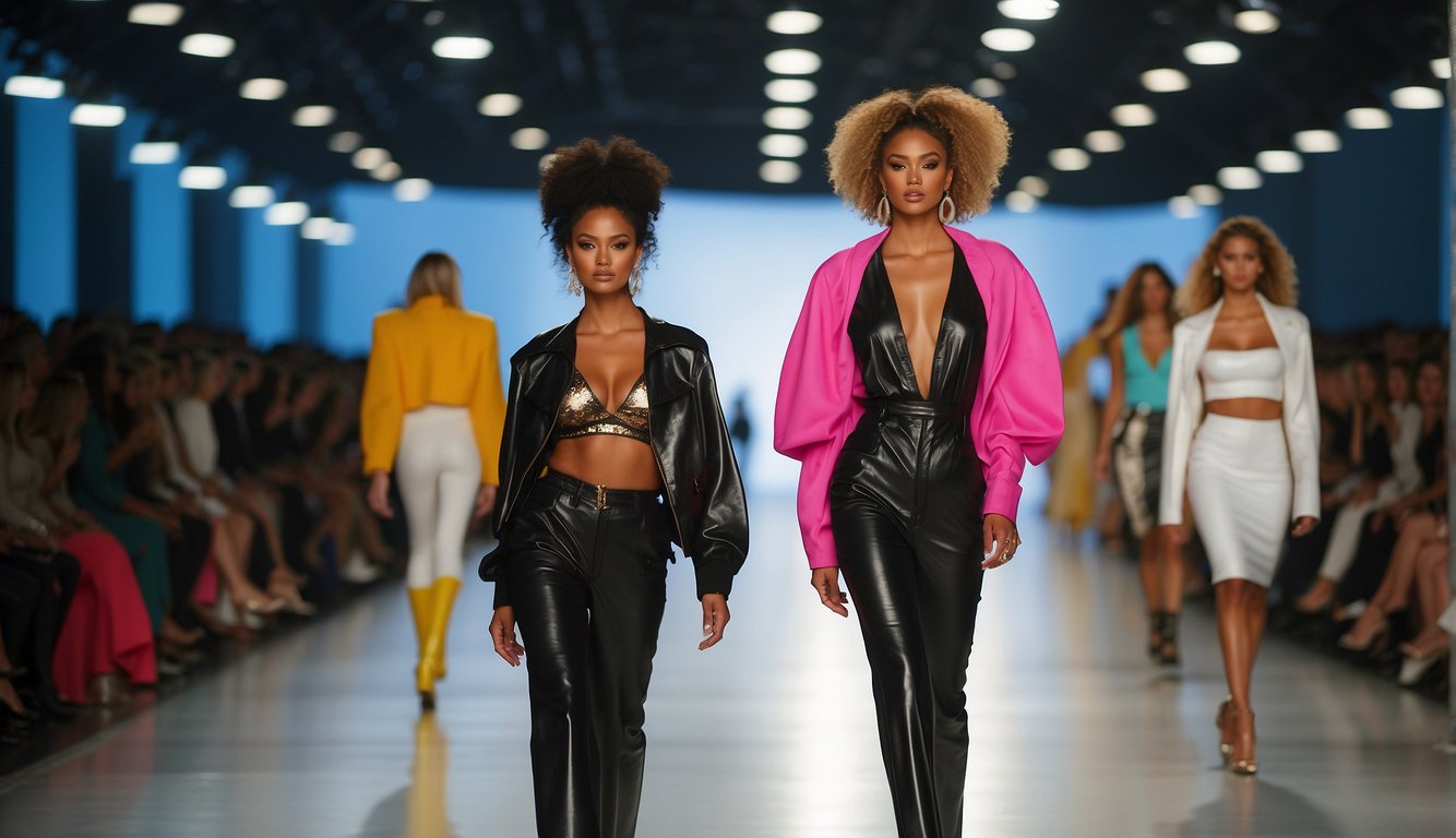 Vibrant runway with 80s-90s fashion. Diverse models strut confidently. Bold colors and exaggerated silhouettes dominate. Flashing cameras capture the energy