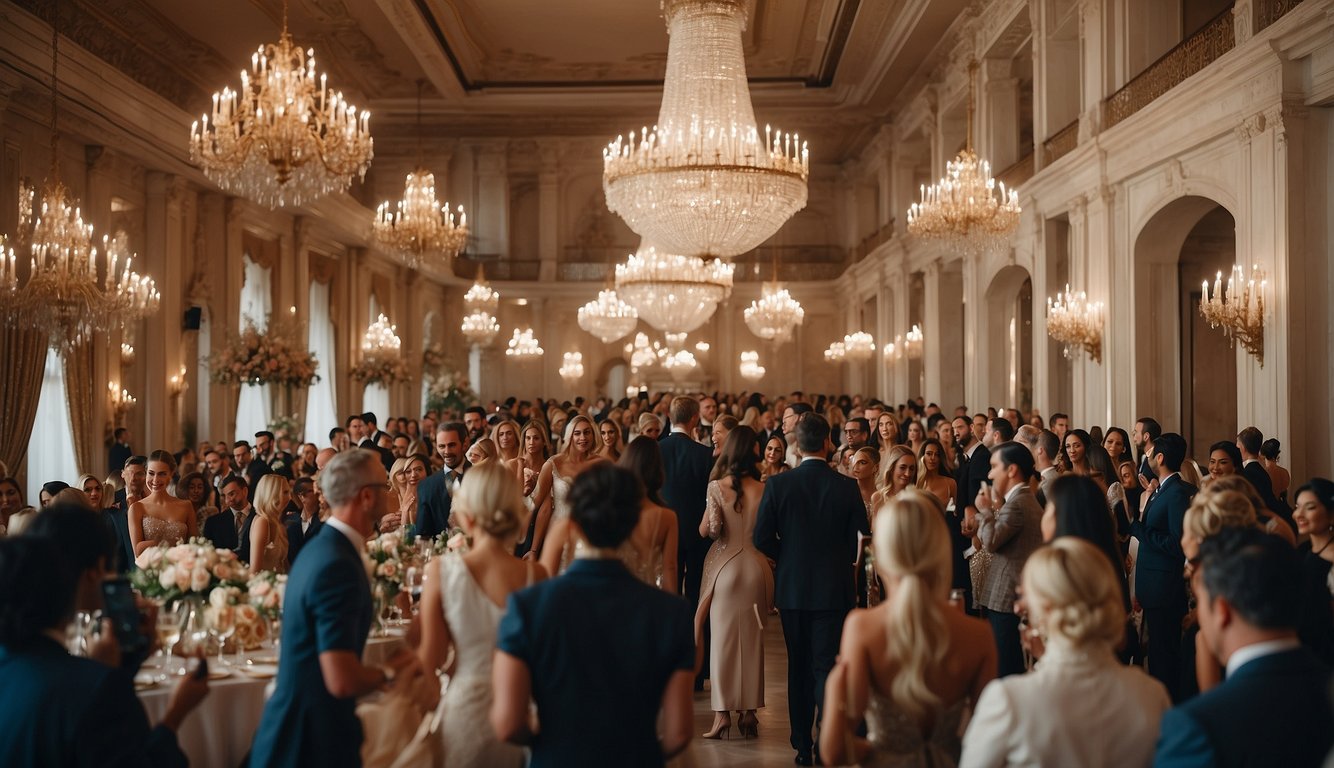 A grand salon filled with elegant guests, models strutting on a runway, surrounded by opulent decor, as an audience watches in awe