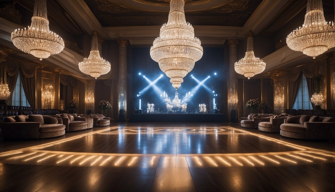 A grand salon with ornate chandeliers and plush seating transforms into a global stage with state-of-the-art lighting and a massive runway