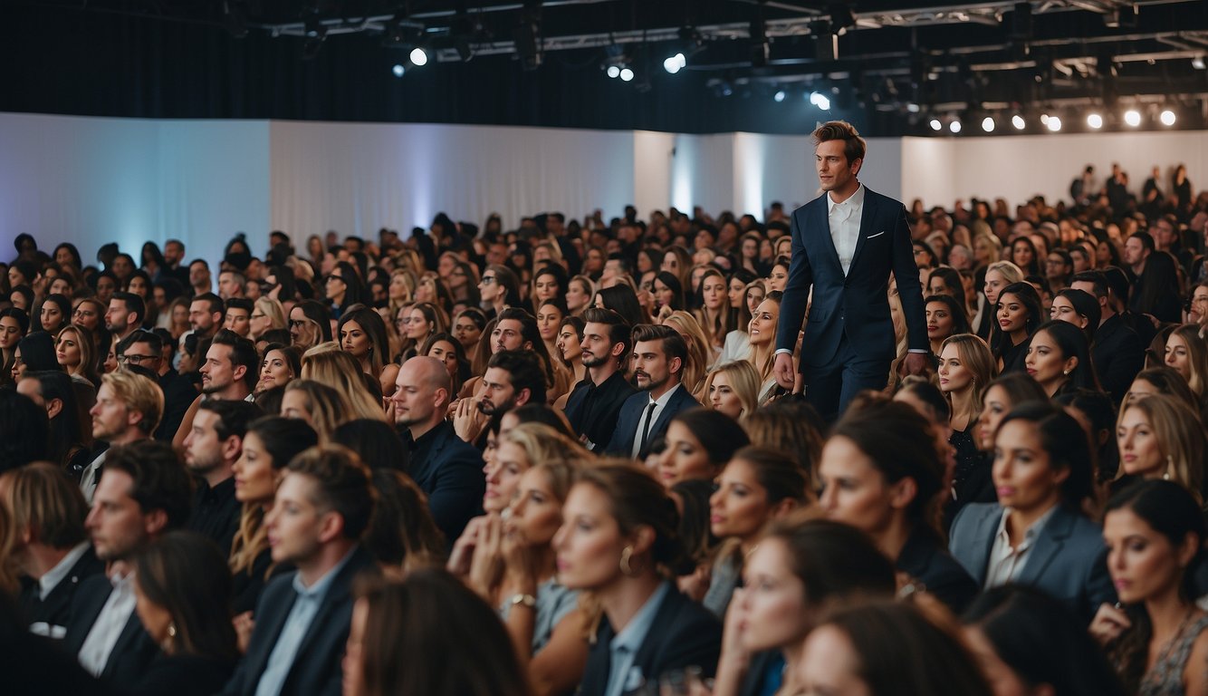 A bustling crowd of fashionistas and industry insiders fills the venue, with models strutting down the runway in the latest designer collections. Paparazzi flash their cameras as influencers network and socialize