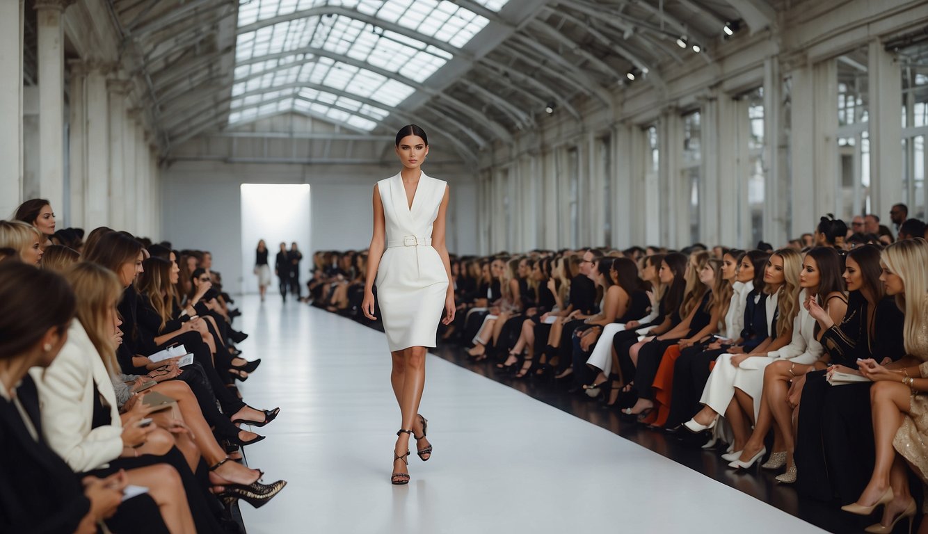 The runway at Paris Fashion Week is filled with elegant, high-fashion designs. The audience is captivated by the stunning models showcasing the latest trends. The atmosphere is electric with excitement and anticipation