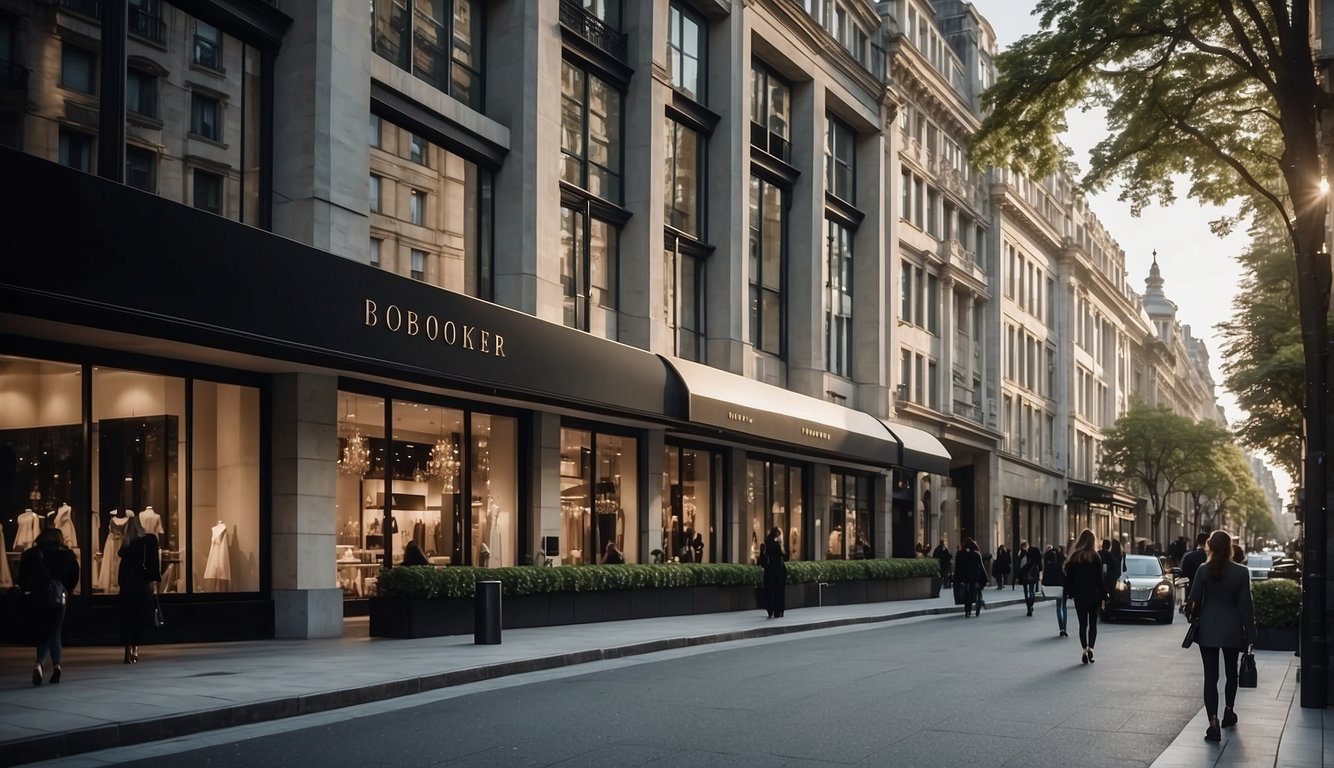 A bustling city street lined with high-end boutiques and designer stores, with sleek and modern architecture. The scene exudes luxury and exclusivity, with affluent shoppers and fashion enthusiasts browsing the latest streetwear collections