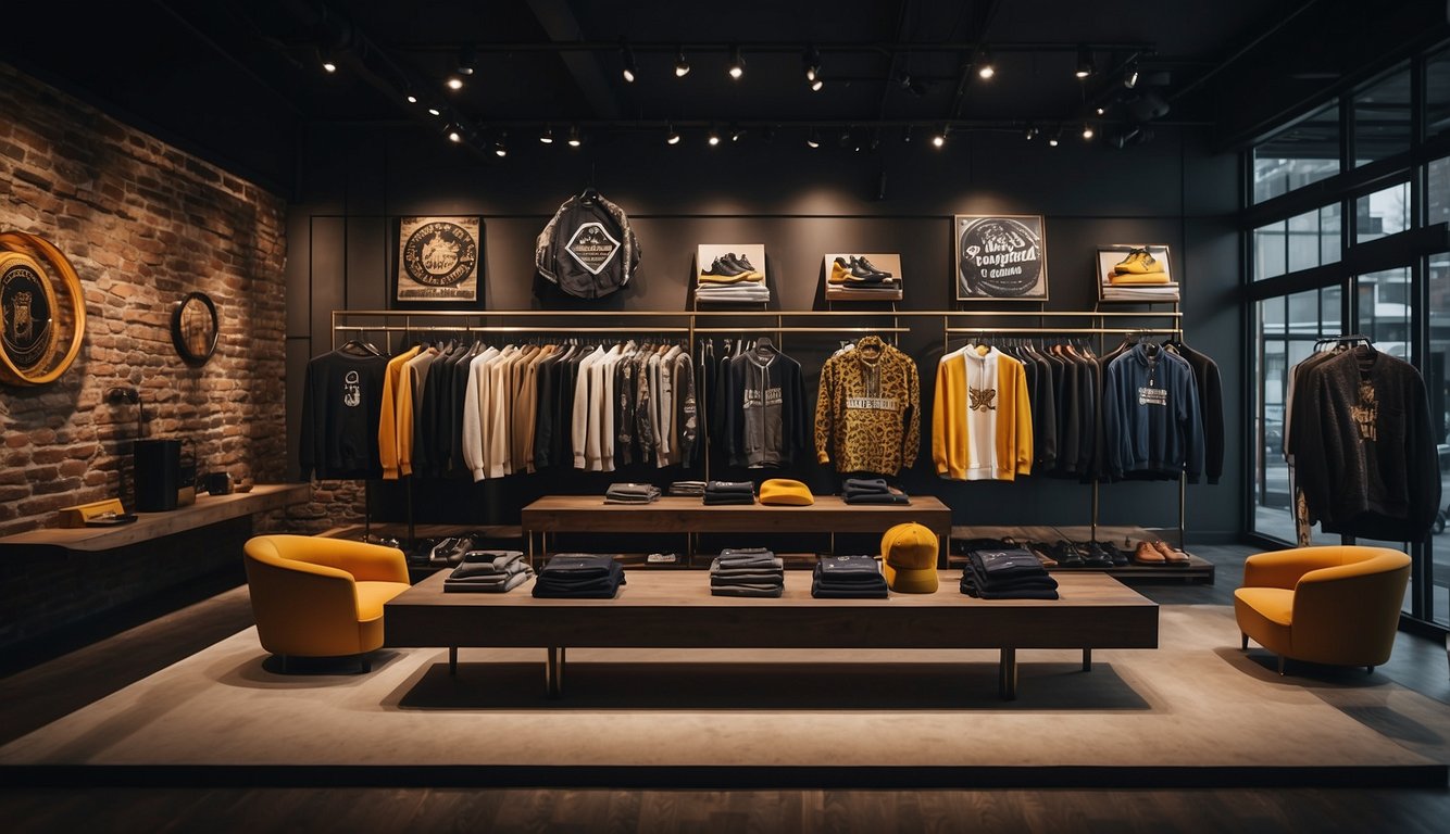 A streetwear store display showcases high-end fabrics, intricate embroidery, and bold logos, highlighting the evolution of luxury streetwear