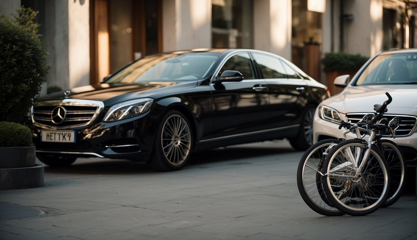 A luxurious car parked next to a modest bicycle, symbolizing the evolution of luxury and questioning its association with expense