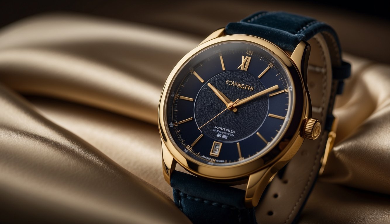 A sleek, modern watch sits on a velvet cushion, catching the light with its polished metal and intricate details. The surrounding display exudes sophistication and elegance, showcasing the intersection of quality and craftsmanship