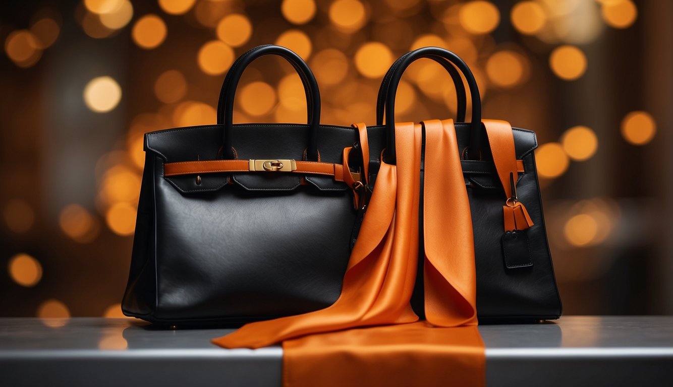 A vibrant orange Hermes scarf is draped over a sleek black handbag, symbolizing the brand's iconic use of the color orange in its history