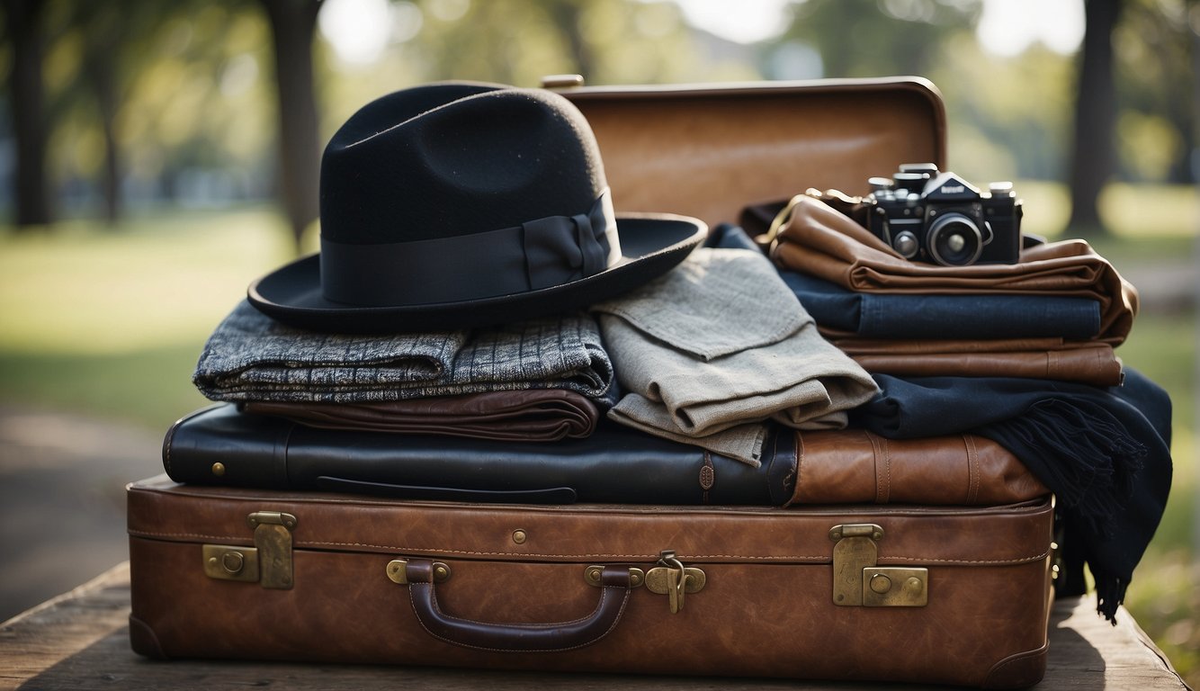 A vintage suitcase open, revealing a collection of tailored suits, silk scarves, leather gloves, and classic hats. A stack of old money sits nearby, adding to the old money aesthetic