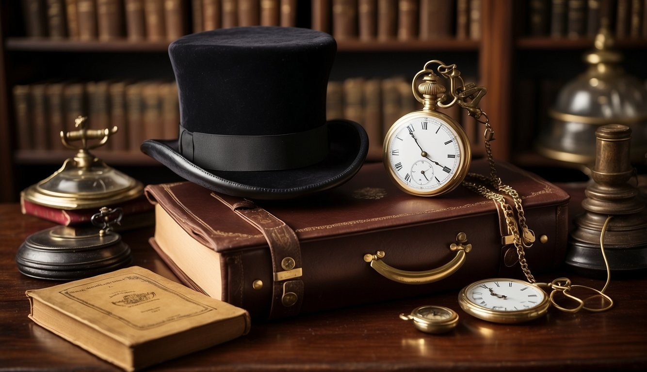 A vintage mahogany desk adorned with antique pocket watches, leather-bound journals, and a silk top hat. A gold-trimmed monocle rests on a velvet cushion, surrounded by a collection of aged leather-bound books
