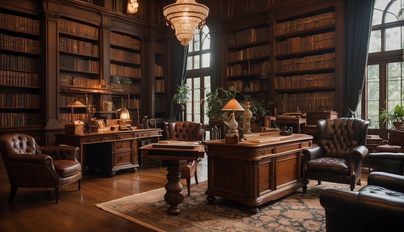 A grand estate library with mahogany bookshelves, a leather armchair, and a vintage writing desk adorned with quill pens and antique ink bottles
