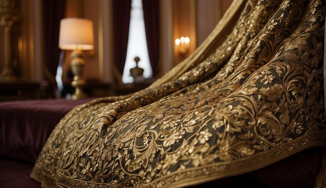 Luxurious fabrics and intricate patterns adorn a grand, opulent setting, exuding an old money aesthetic style