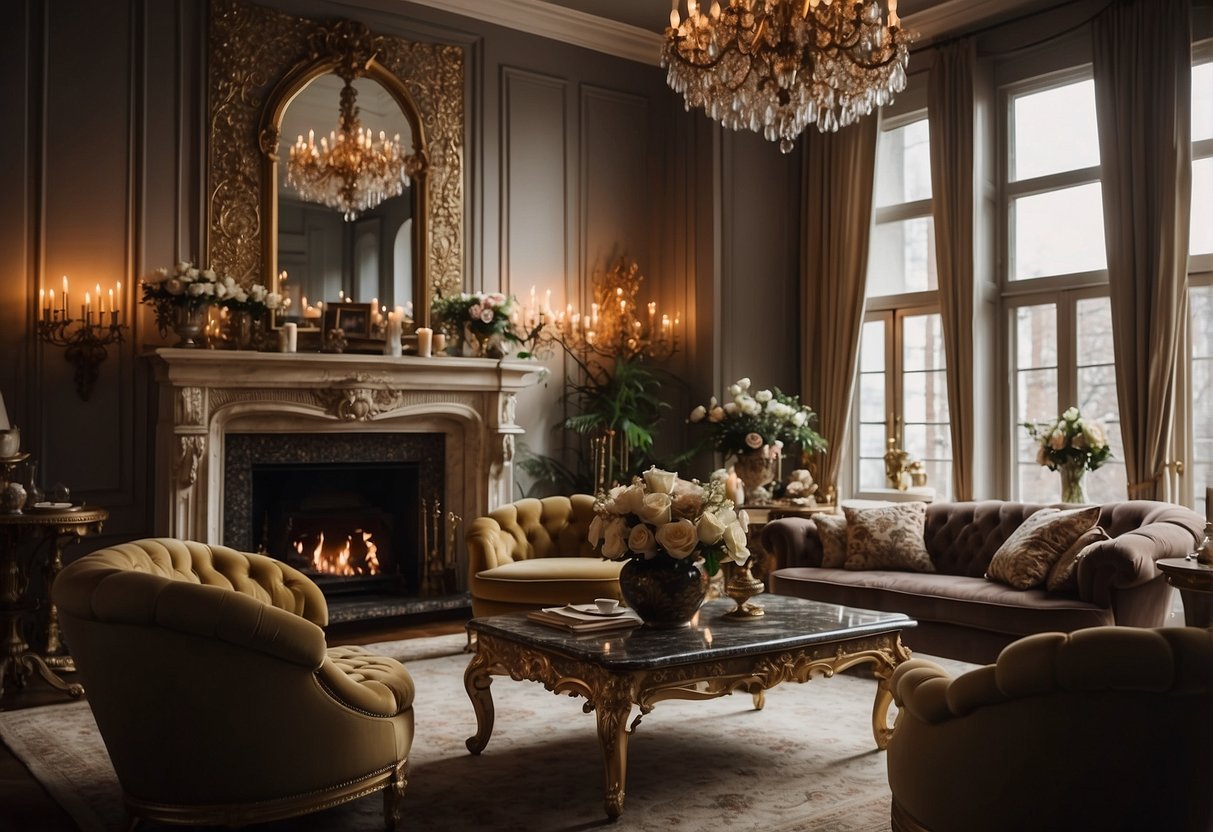 A grand, opulent living room with ornate furniture, rich fabrics, and antique decor. A fireplace crackles, casting a warm glow on the lavish surroundings