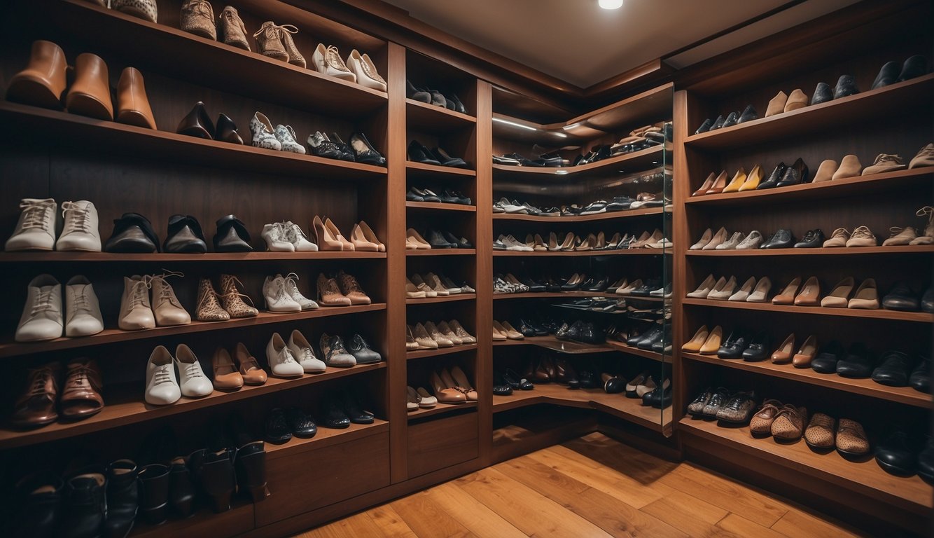 A closet filled with a variety of footwear, from elegant high heels to casual sneakers, all exuding an old money aesthetic