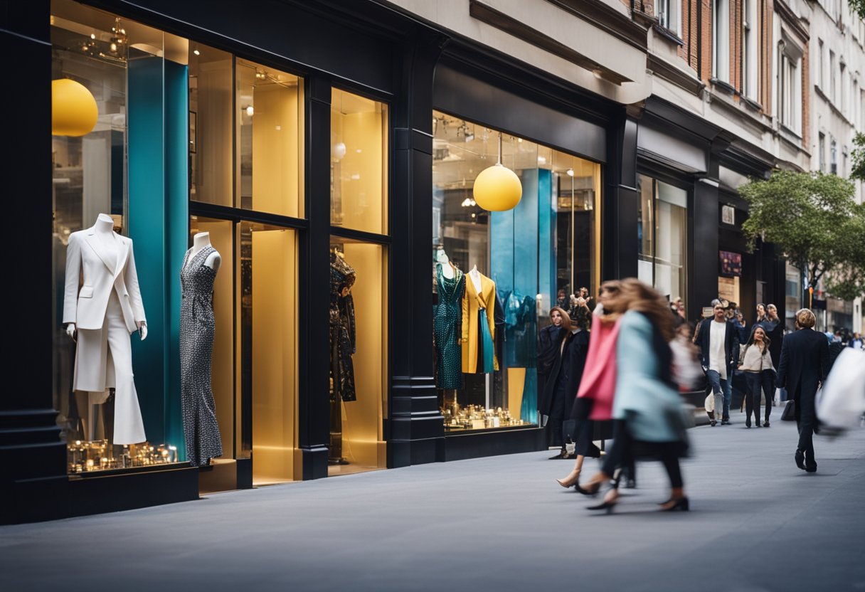 A bustling city street with vibrant, extravagant fashion displays in store windows, while paparazzi cameras flash as celebrities walk by