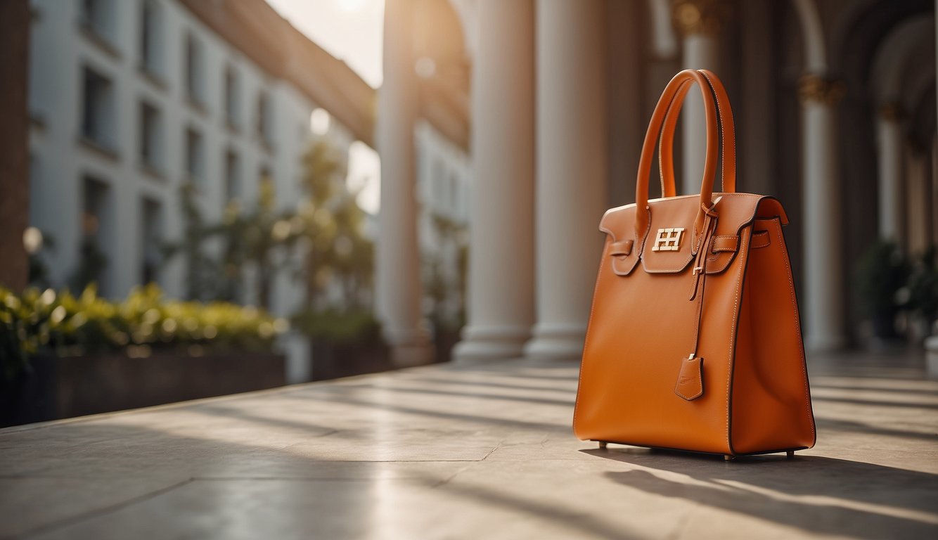 A sleek orange Hermes logo adorns a luxurious handbag, standing out against a backdrop of elegant, minimalist design elements