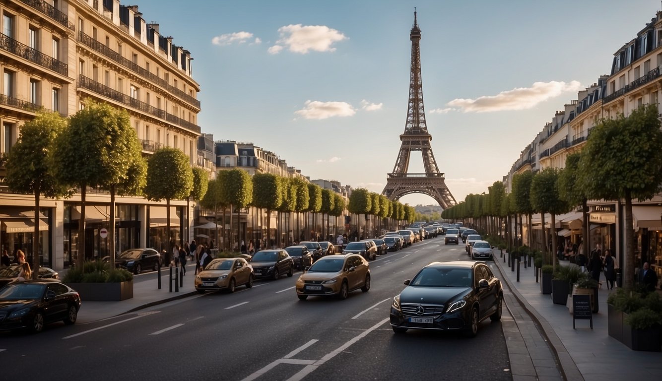 The Eiffel Tower stands tall against a backdrop of designer boutiques and bustling streets, showcasing the glamour and sophistication of Paris as the fashion capital of France