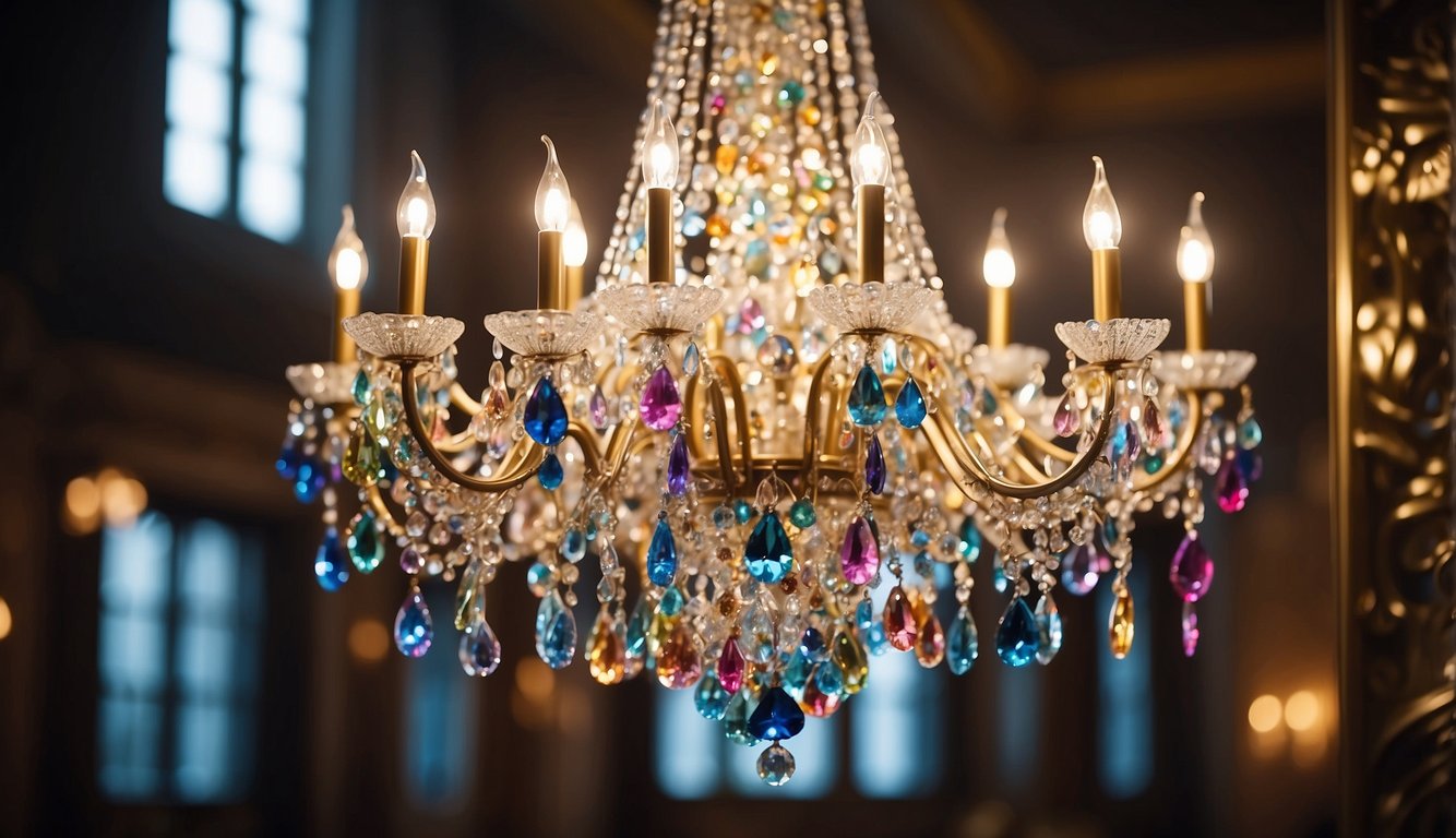 A sparkling Swarovski crystal chandelier hangs from a high ceiling, casting a dazzling array of rainbow-colored light across a lavish, opulent room