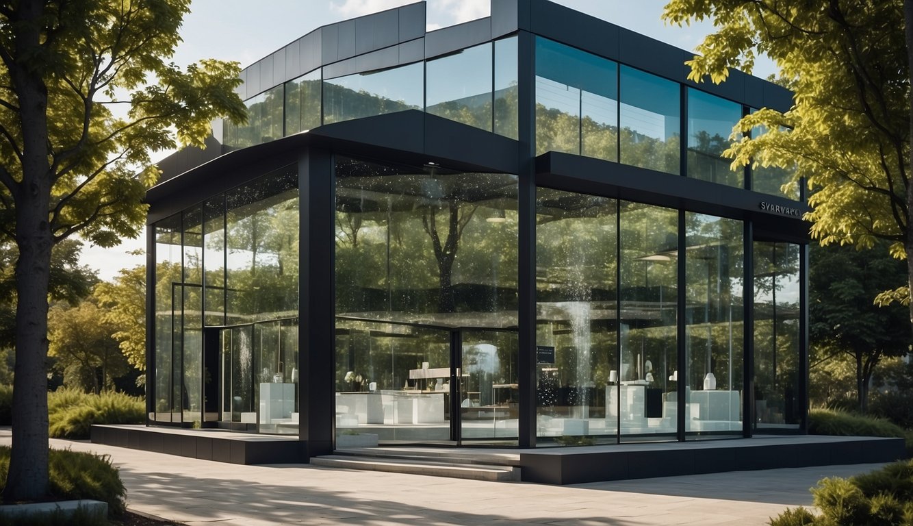 A modern, eco-friendly Swarovski store with sleek design and sustainable materials, surrounded by lush greenery and renewable energy sources