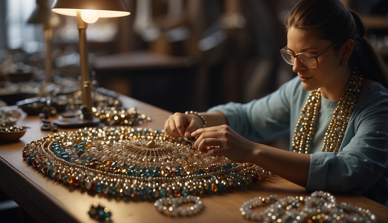 A jeweler meticulously crafts a costume jewelry piece, carefully assembling intricate beads and stones, showcasing the labor-intensive process behind its creation