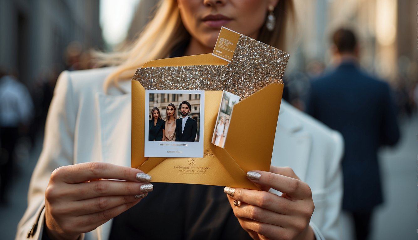 A glamorous influencer receives a coveted Fashion Week invitation in the mail, adorned with sleek and modern designs, reflecting the exclusivity and high fashion of the event