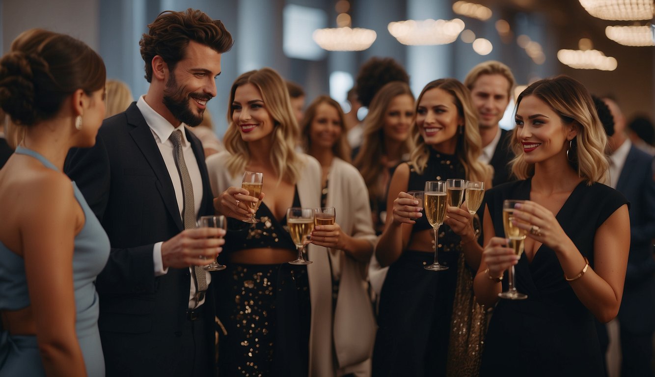 A group of fashion influencers mingling at a glamorous event, exchanging business cards and engaging in animated conversations. The room is filled with trendy decor and stylish attendees