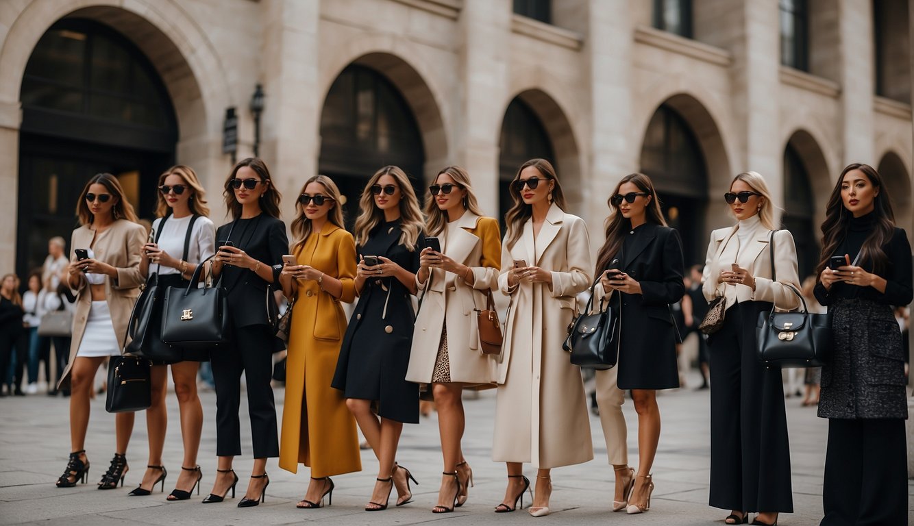 A line of influencers waits outside a grand venue, clutching their phones and designer bags, eager to secure invitations to Fashion Week