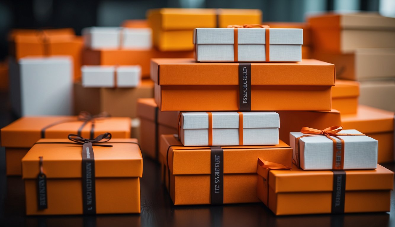 A stack of Hermes boxes in vibrant orange, arranged neatly on a sleek, minimalist display. The iconic color exudes luxury and sophistication