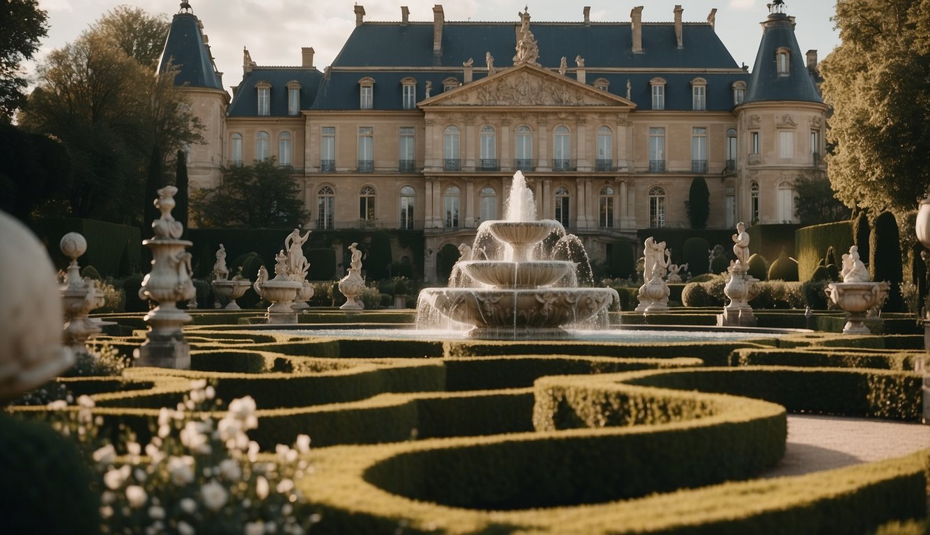 A grand chateau with opulent gardens, adorned with ornate sculptures and fountains. A regal procession of French luxury brands, showcasing their iconic designs