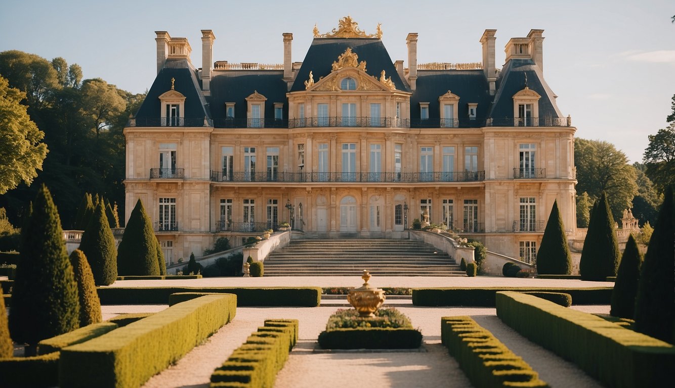 A grand chateau in the French countryside, adorned with ornate gold accents and opulent furnishings, showcasing the historical roots of French luxury